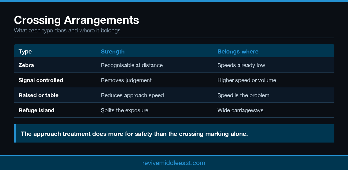 Infographic comparing zebra, signalised, raised and refuge island pedestrian crossing markings and their uses