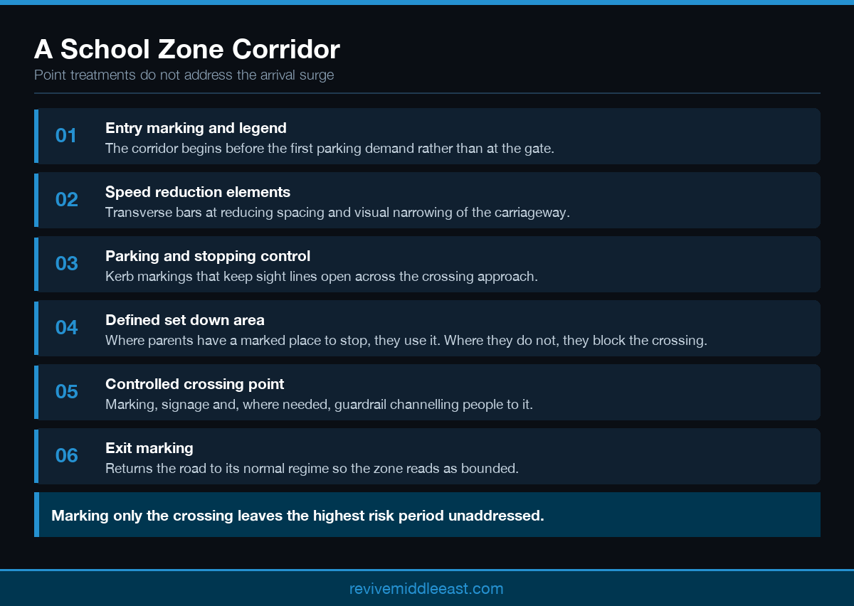 Infographic showing school zone layout elements including entry markings, parking restrictions and pedestrian crossing markings