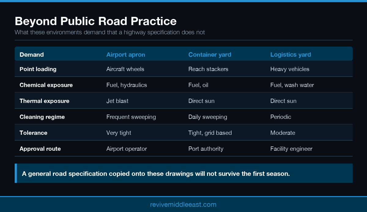 Infographic comparing airport and port line marking demands against public road marking requirements