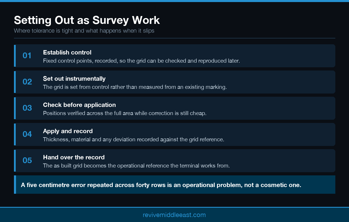 Infographic showing survey control and tolerance requirements for airport and port line marking grids