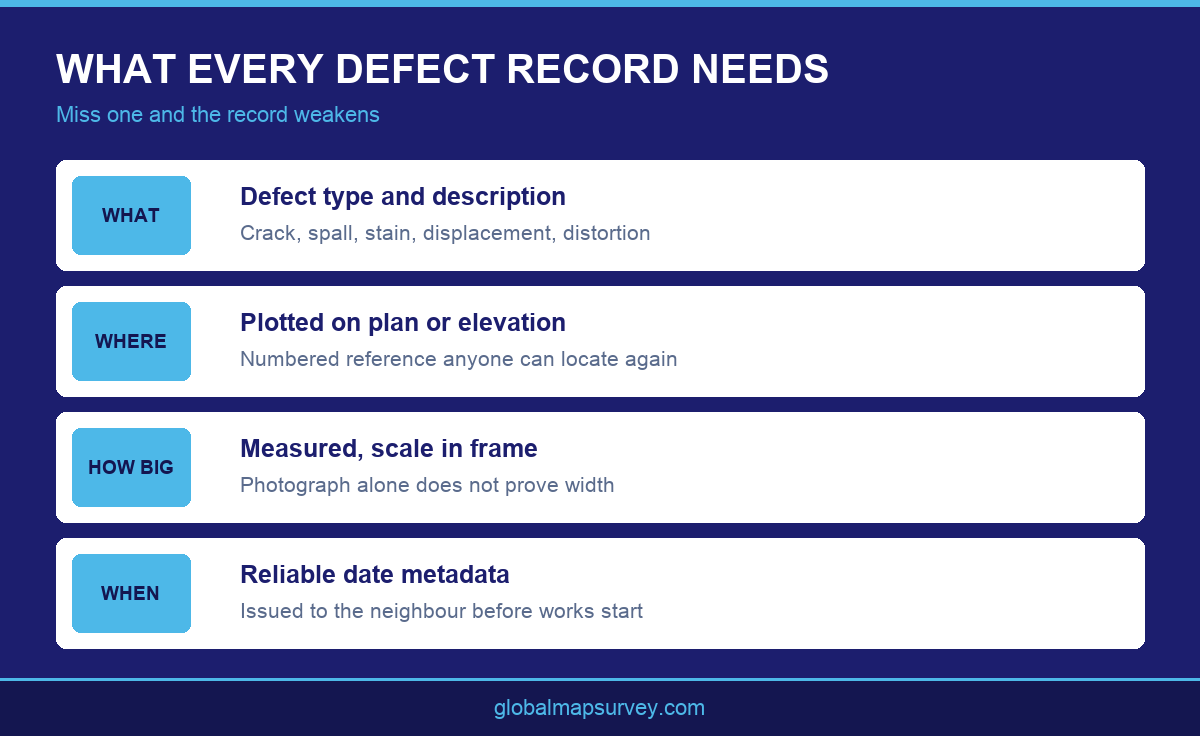 Infographic showing what each defect record must contain in dilapidation survey services in UAE