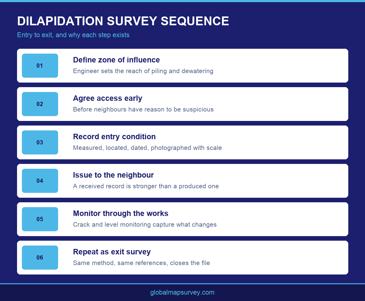 Infographic showing the dilapidation survey sequence from scoping to exit survey