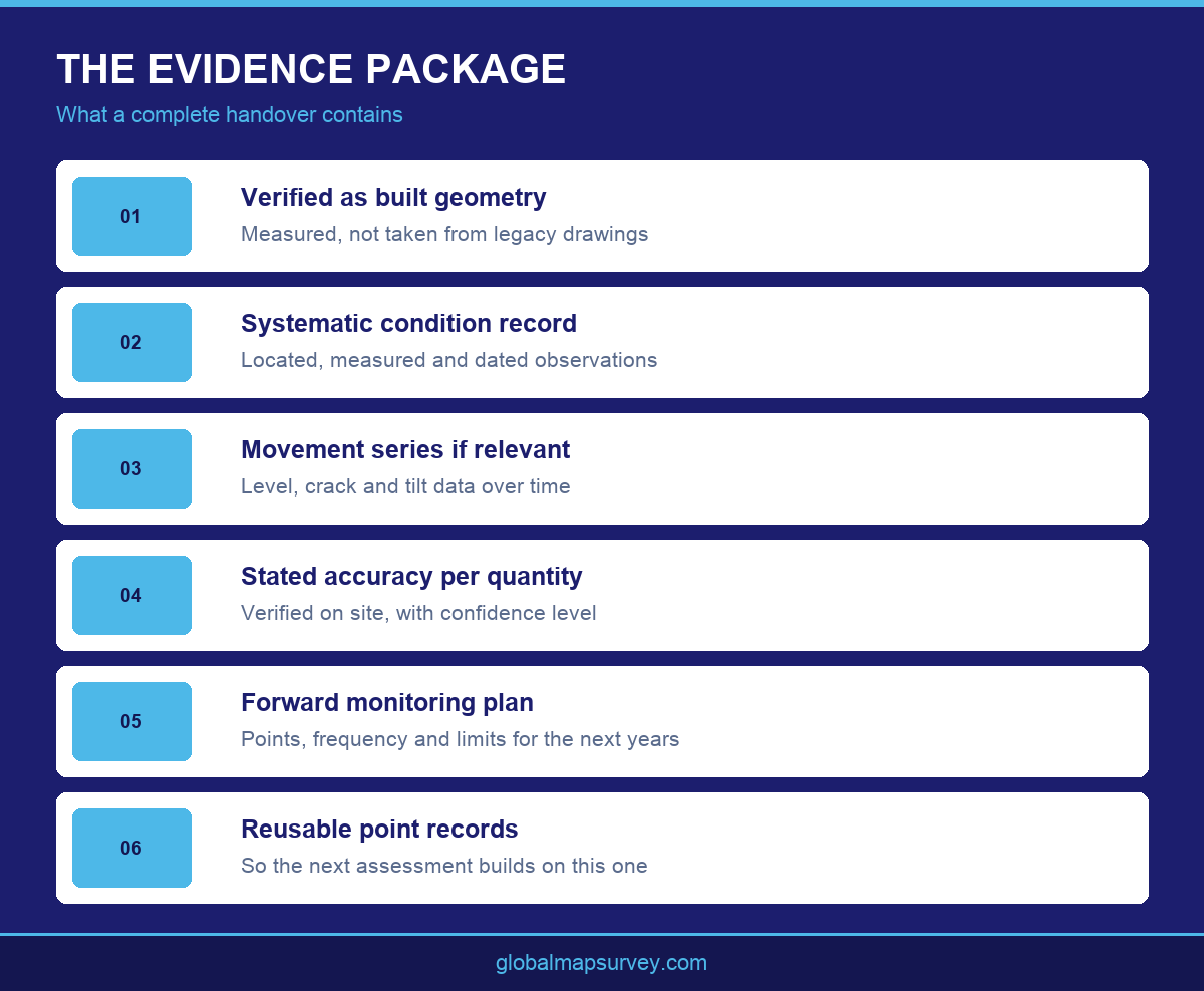 Infographic listing the contents of a complete structural assessment evidence package