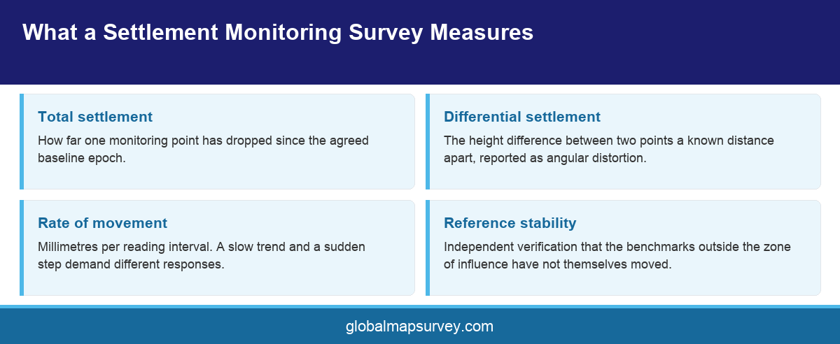Infographic showing the four quantities a settlement monitoring survey in UAE reports