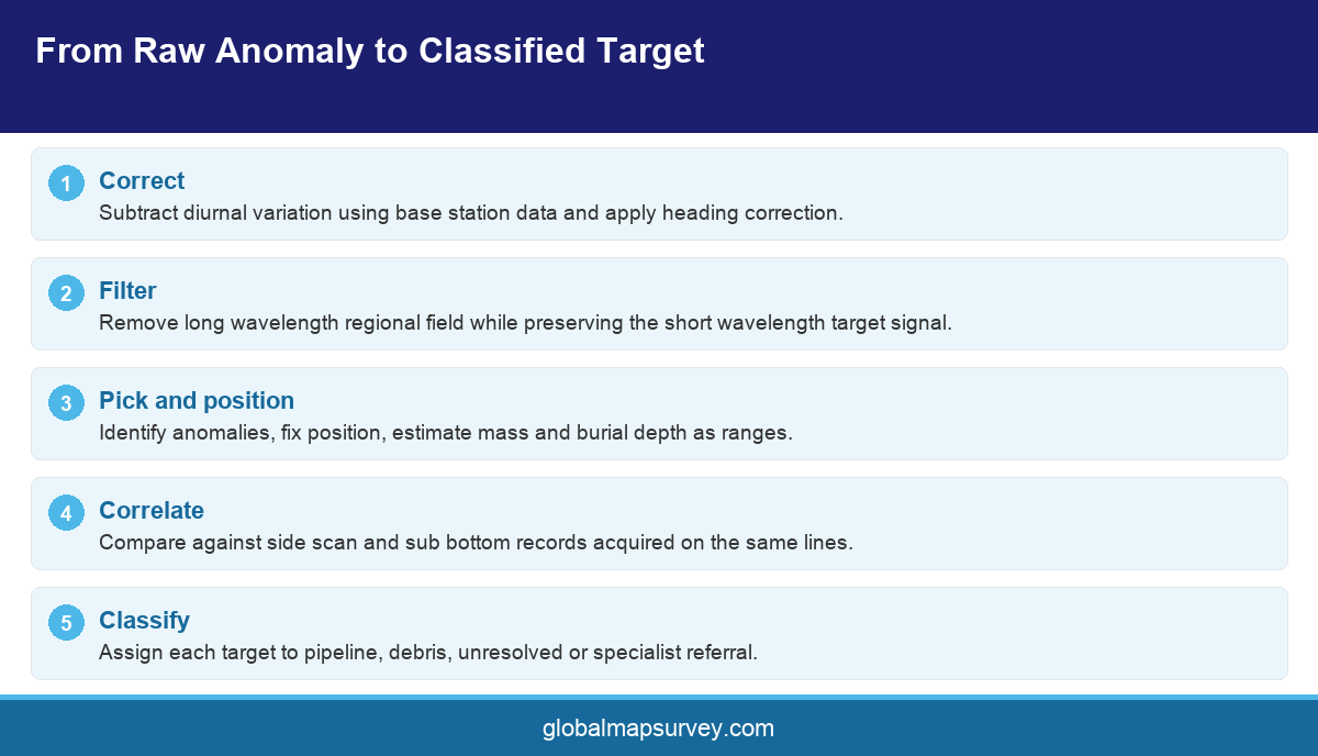 Process infographic showing how a magnetometer survey in UAE turns anomalies into classified targets