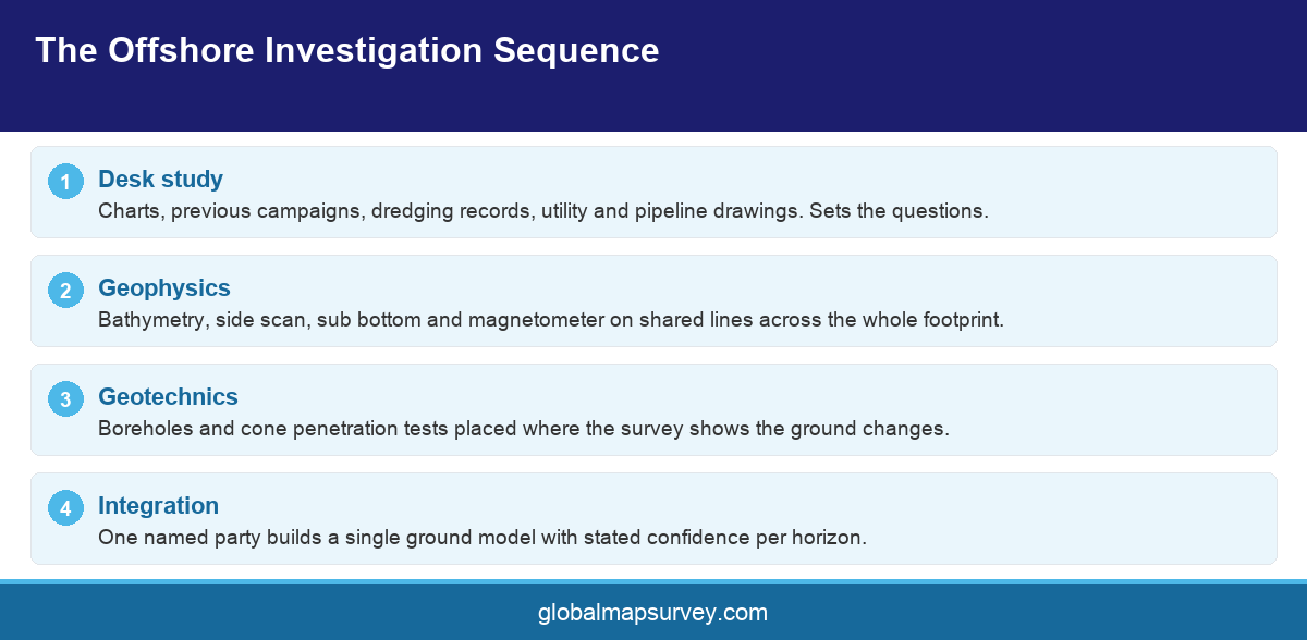 Process infographic showing the correct stage order for an offshore site investigation in Abu Dhabi