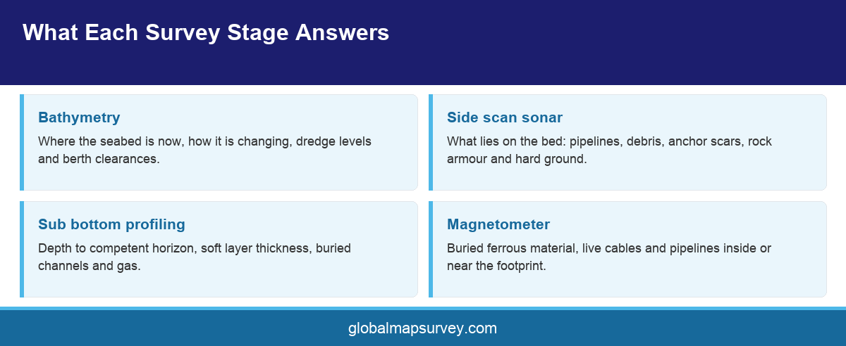 Infographic showing what each survey stage contributes to an offshore site investigation in Abu Dhabi