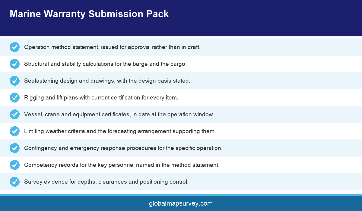 Checklist infographic of documents required for a marine warranty survey in UAE