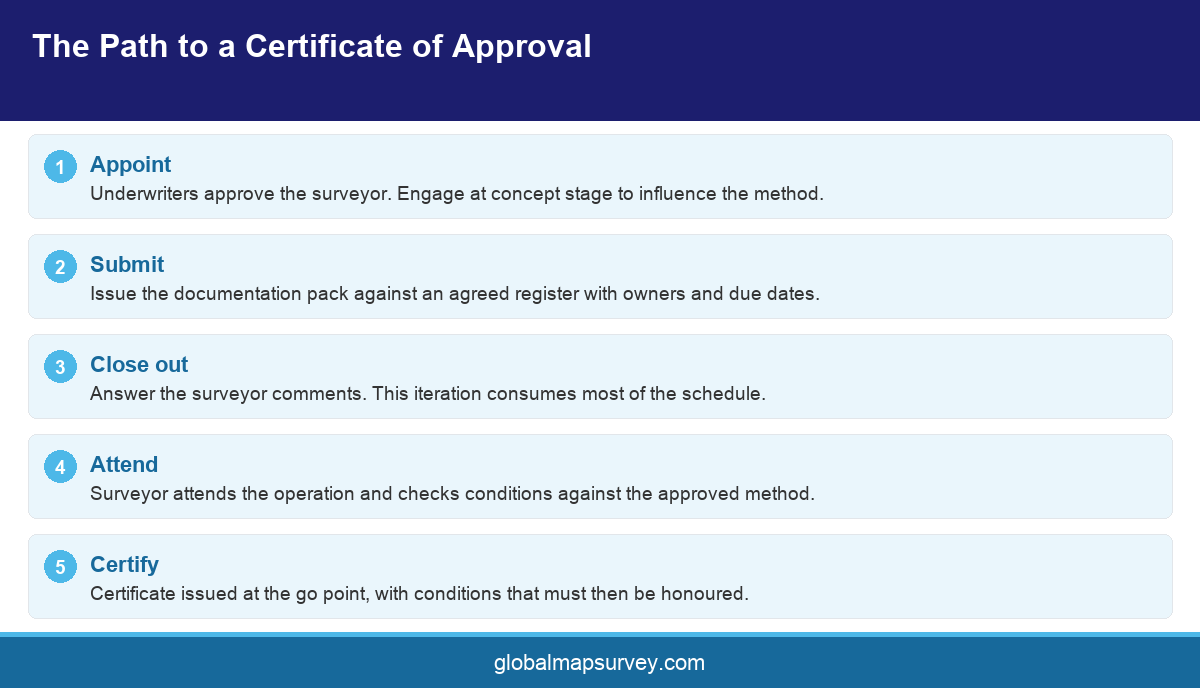 Process infographic showing how a marine warranty survey in UAE reaches certificate of approval