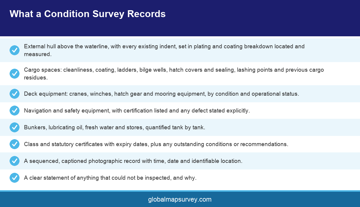Checklist infographic of items captured during an on hire condition survey in UAE