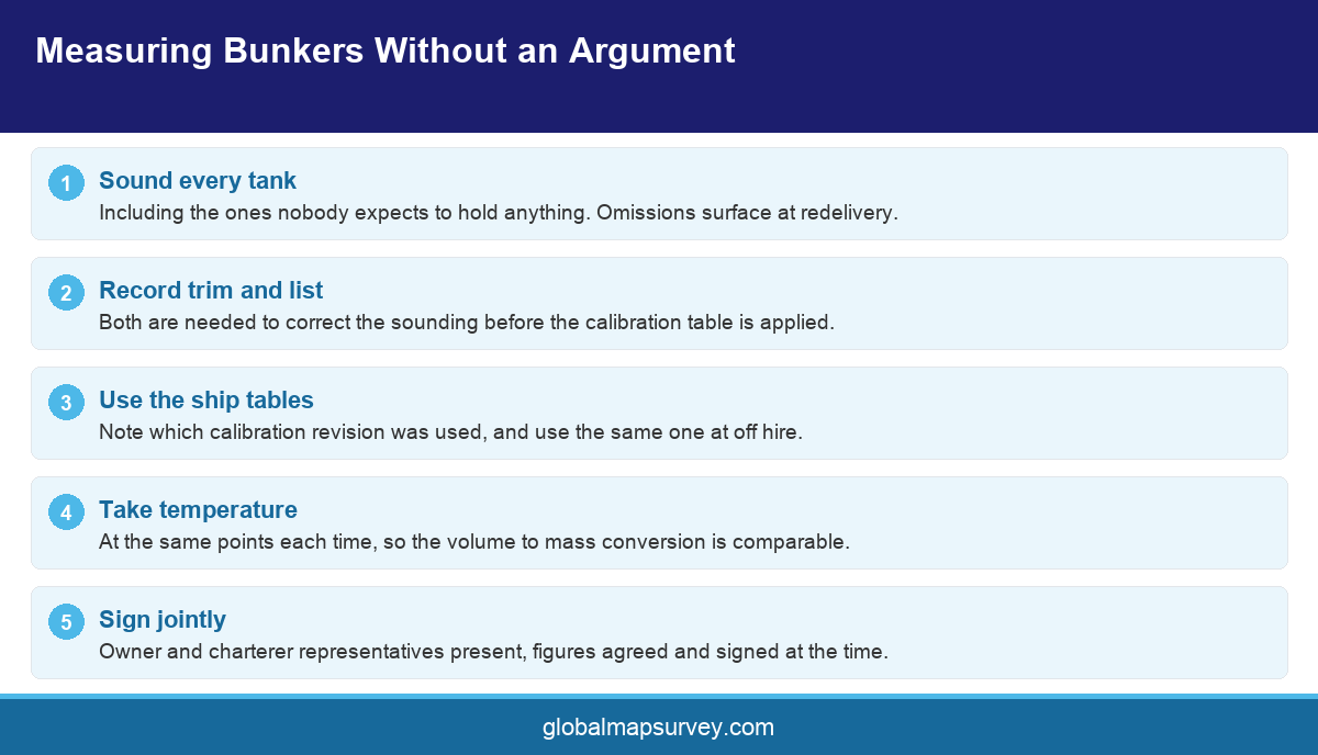 Process infographic showing bunker measurement during an on hire condition survey in UAE