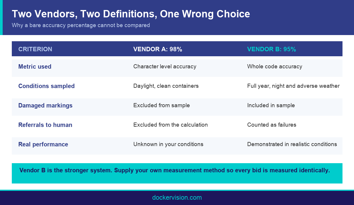 Infographic showing how two container number recognition system accuracy claims can mislead without a defined measurement method