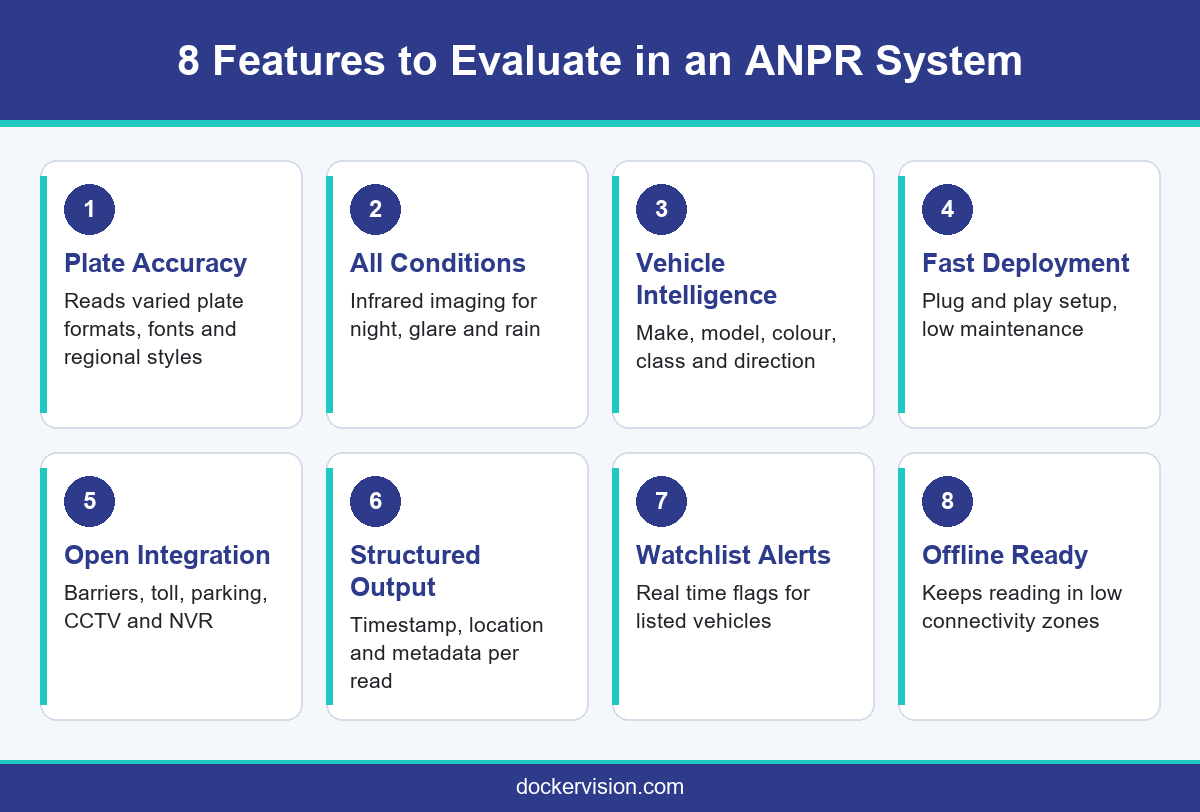 Infographic listing eight features to evaluate when choosing an ANPR system for ports and logistics gates
