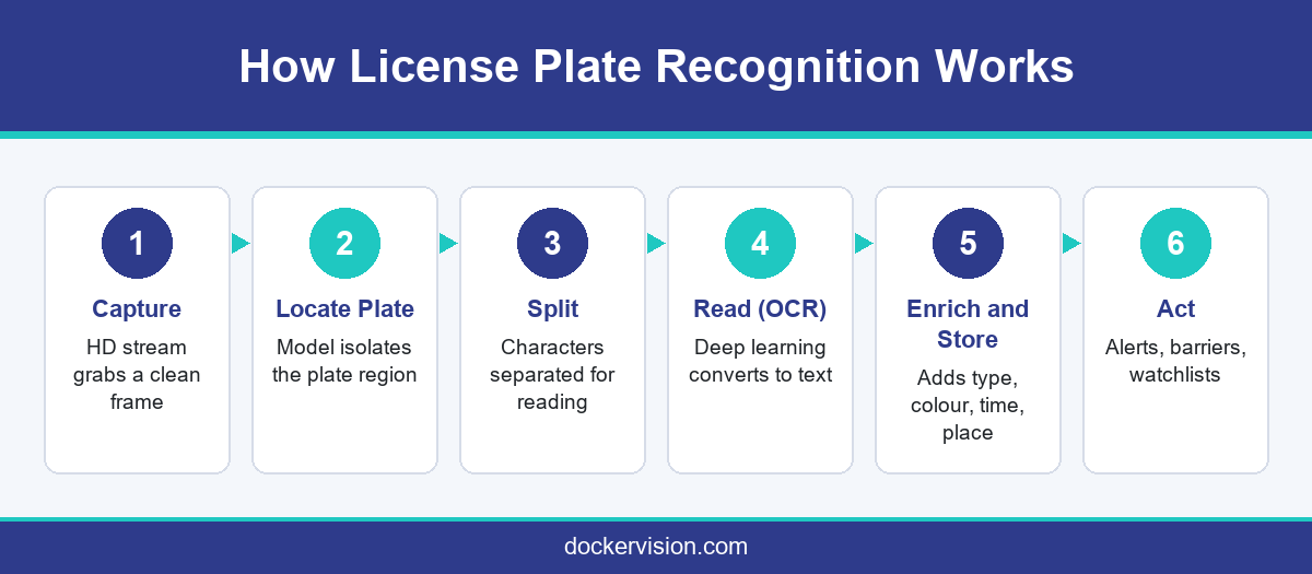 Six step flow showing how license plate recognition software captures, reads and acts on vehicle plates