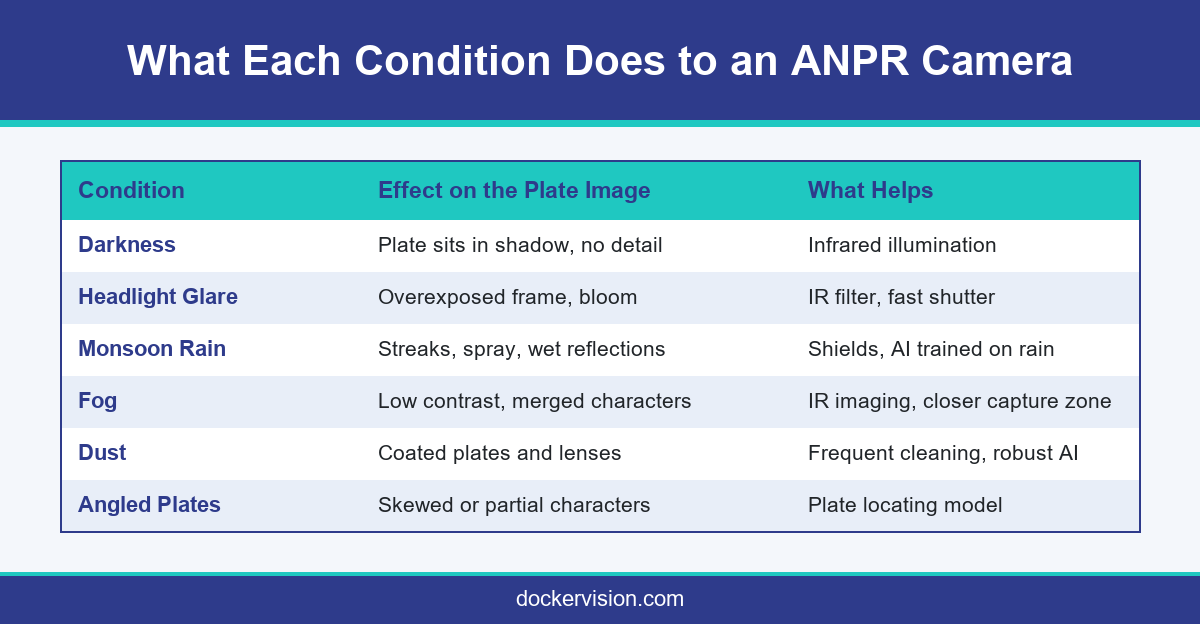 Table showing how fog, rain, glare, darkness and dust affect an ANPR camera and what helps