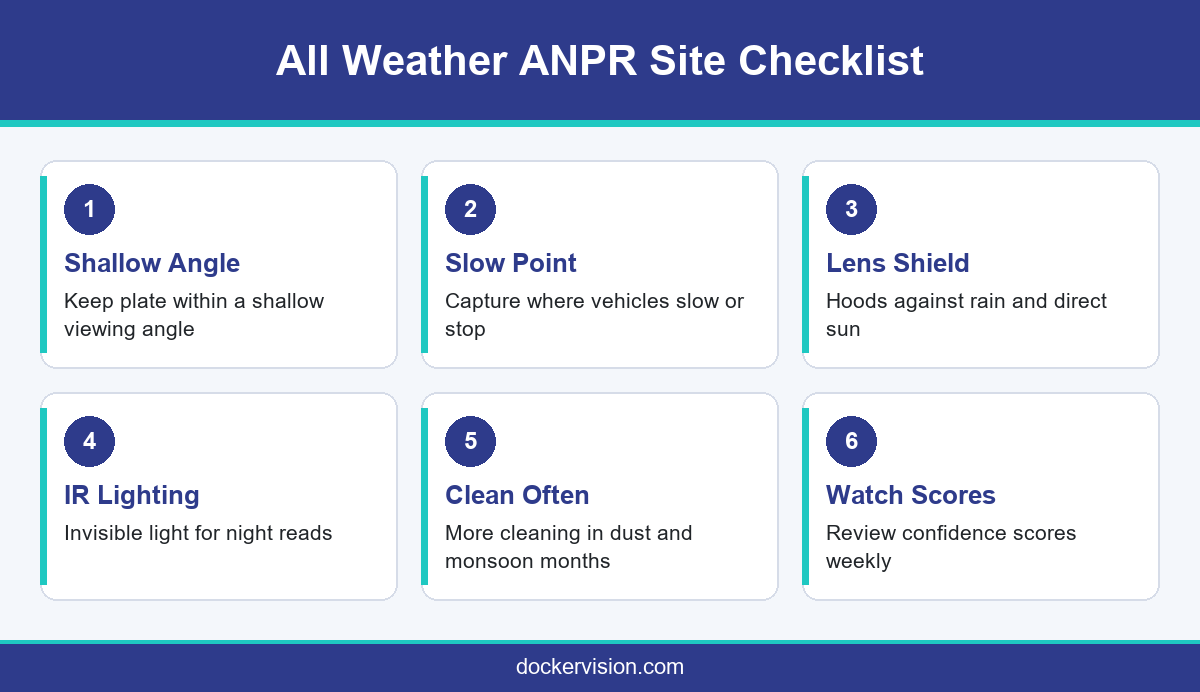 Checklist for all weather vehicle identification covering ANPR camera placement and maintenance