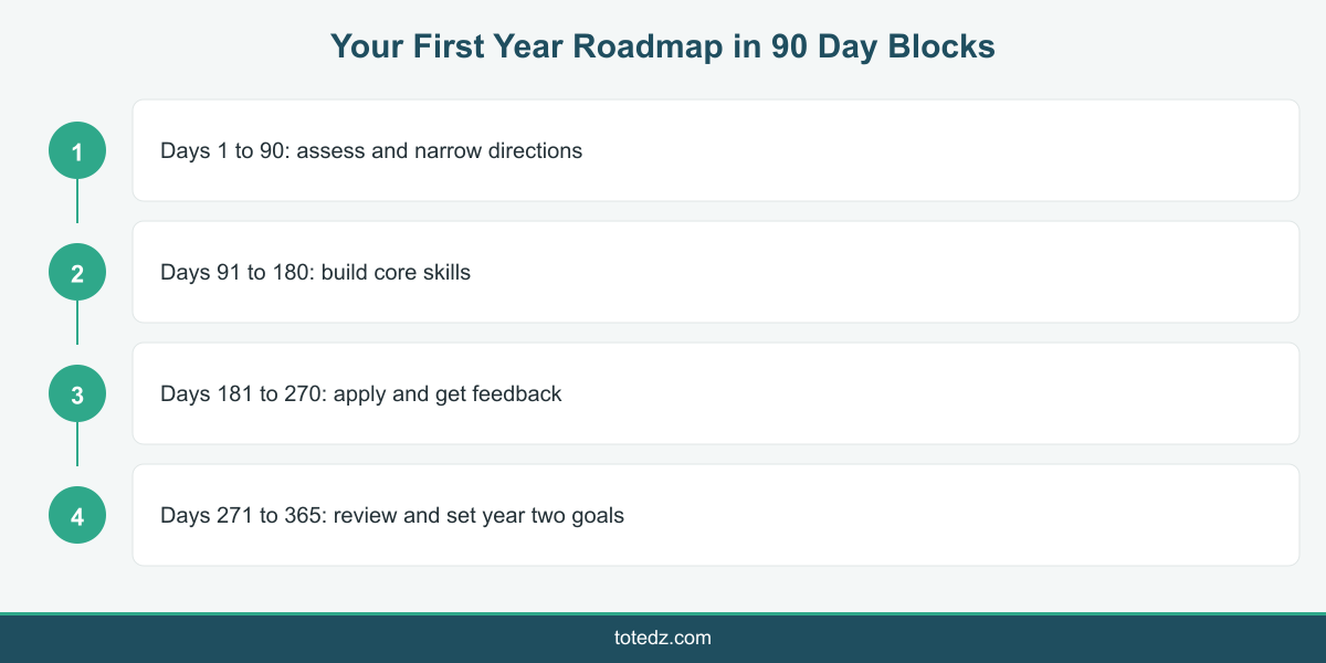 Infographic showing 90 day blocks for a career roadmap after graduation