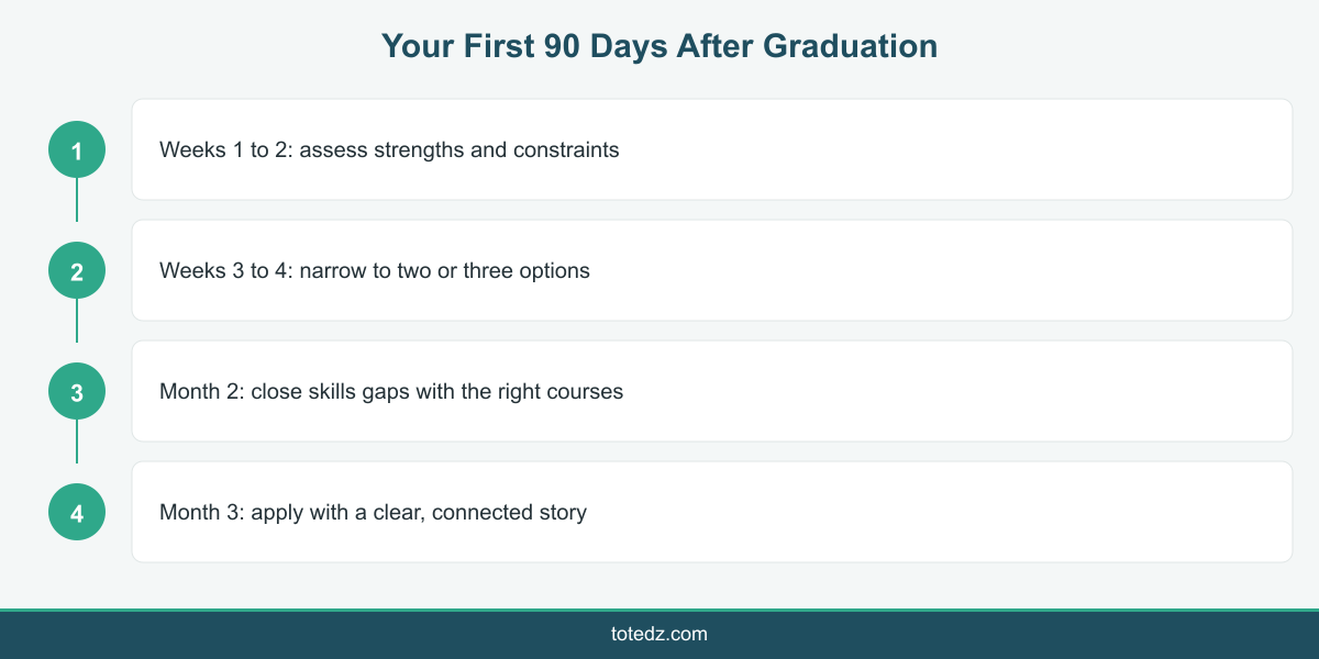 Infographic showing career guidance steps in the first 90 days after graduation