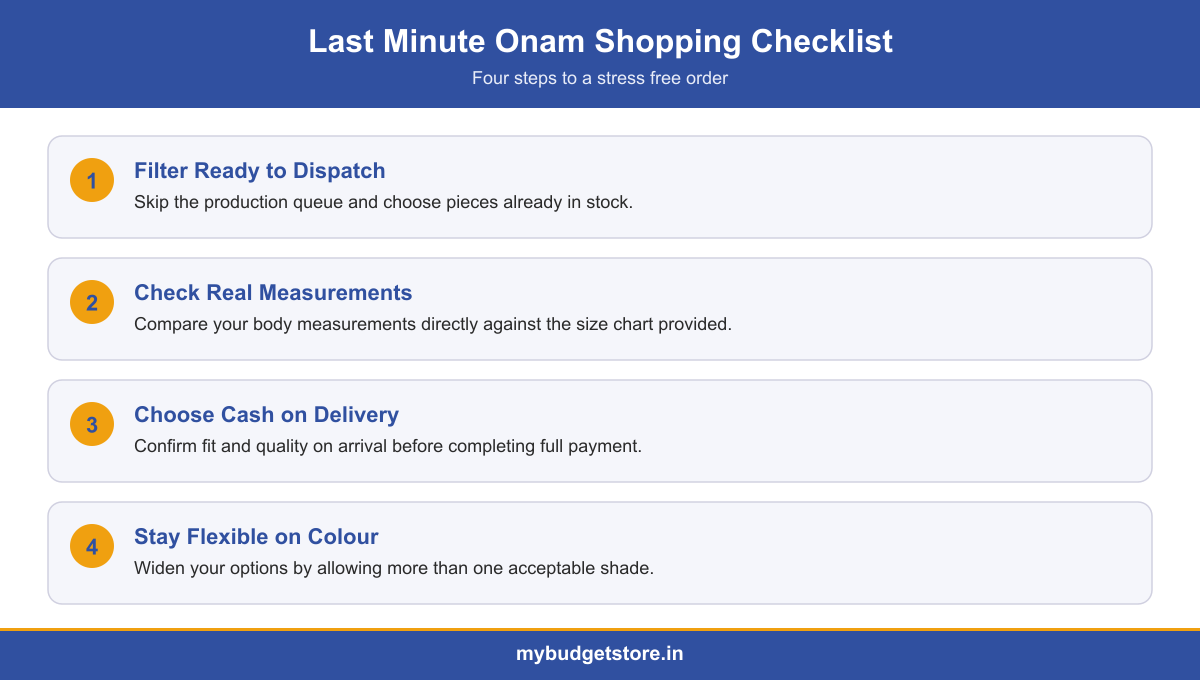 Infographic with a last minute Onam shopping checklist covering stock, sizing, payment and colour flexibility