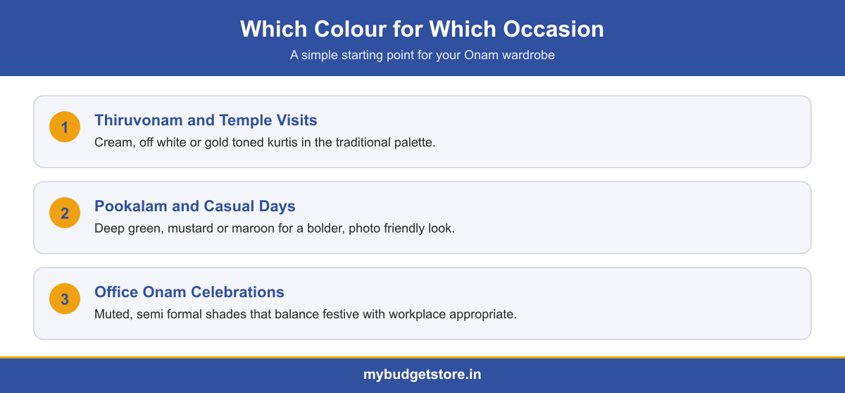 Infographic showing which Onam outfit colours suit Thiruvonam, casual days and office celebrations