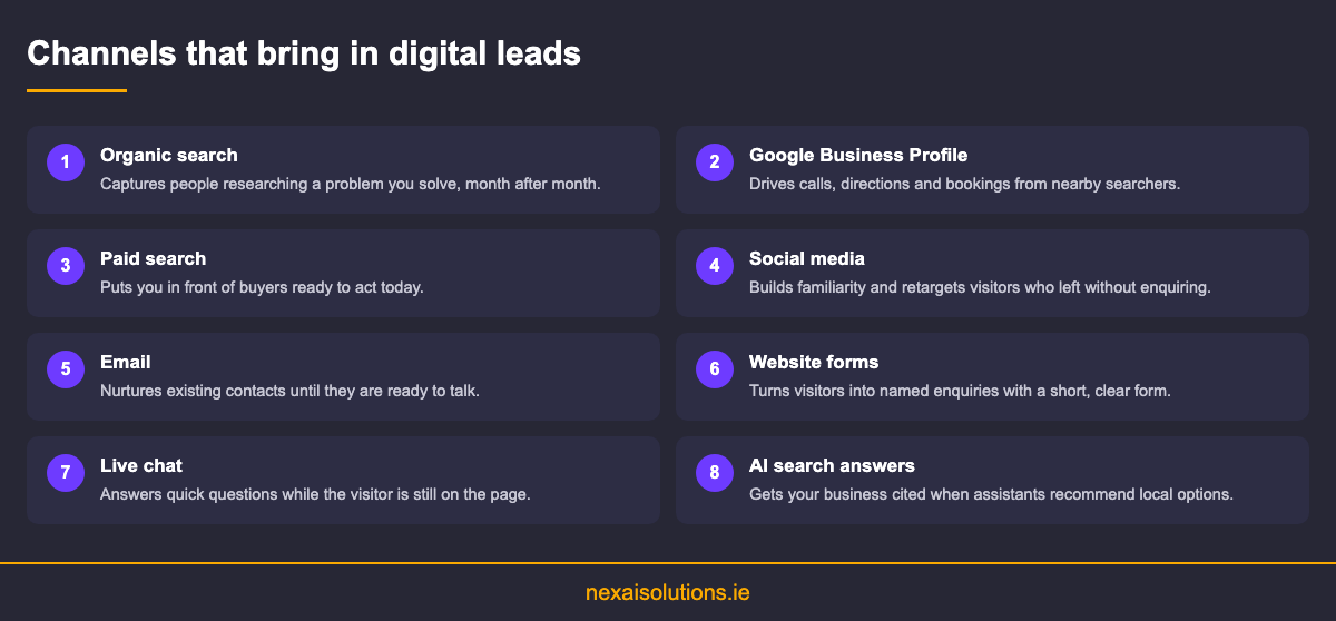 Checklist of eight channels that produce digital leads for Irish small businesses