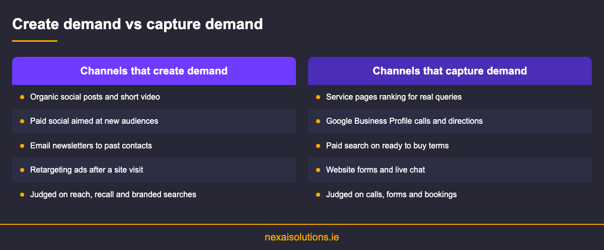 Comparison of channels that create demand and channels that capture demand in digital marketing and lead generation