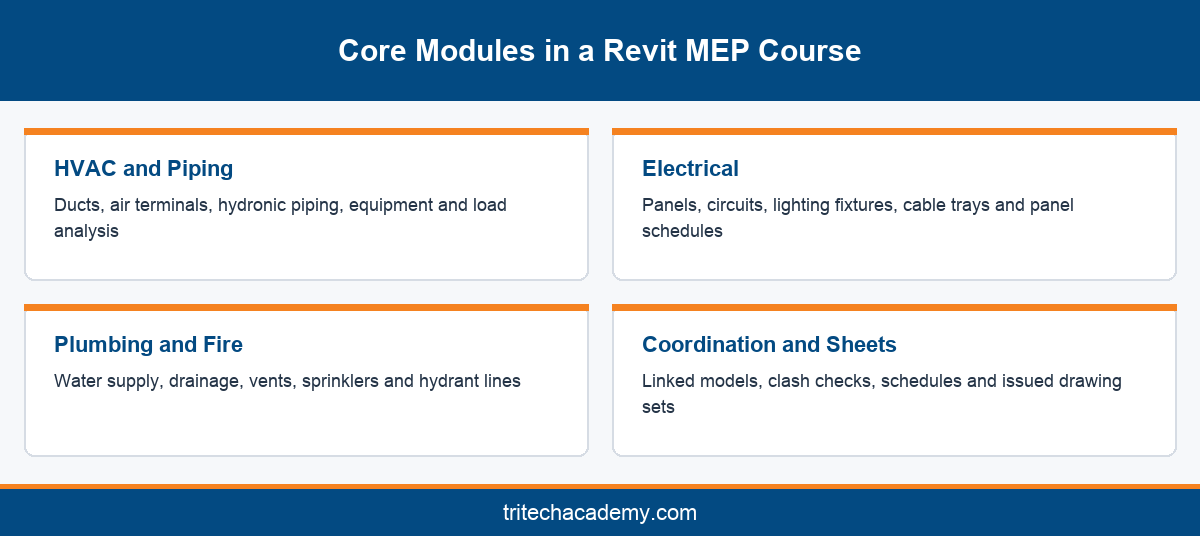 Four core modules of a Revit MEP course: HVAC, electrical, plumbing and fire protection, coordination and sheets