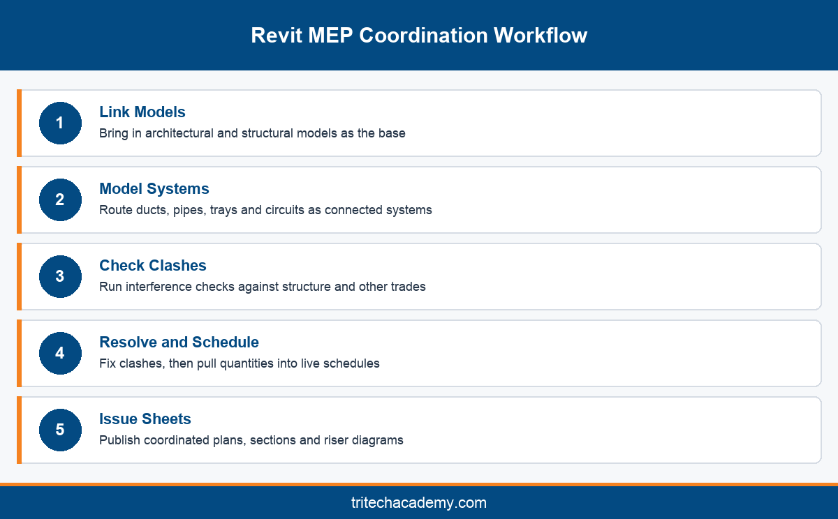 Five step Revit MEP coordination workflow from linking models to issuing coordinated sheets