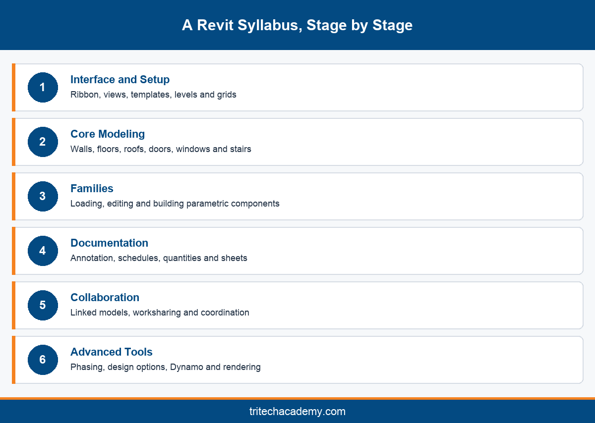 Stage by stage syllabus for Revit classes from interface basics to advanced modeling