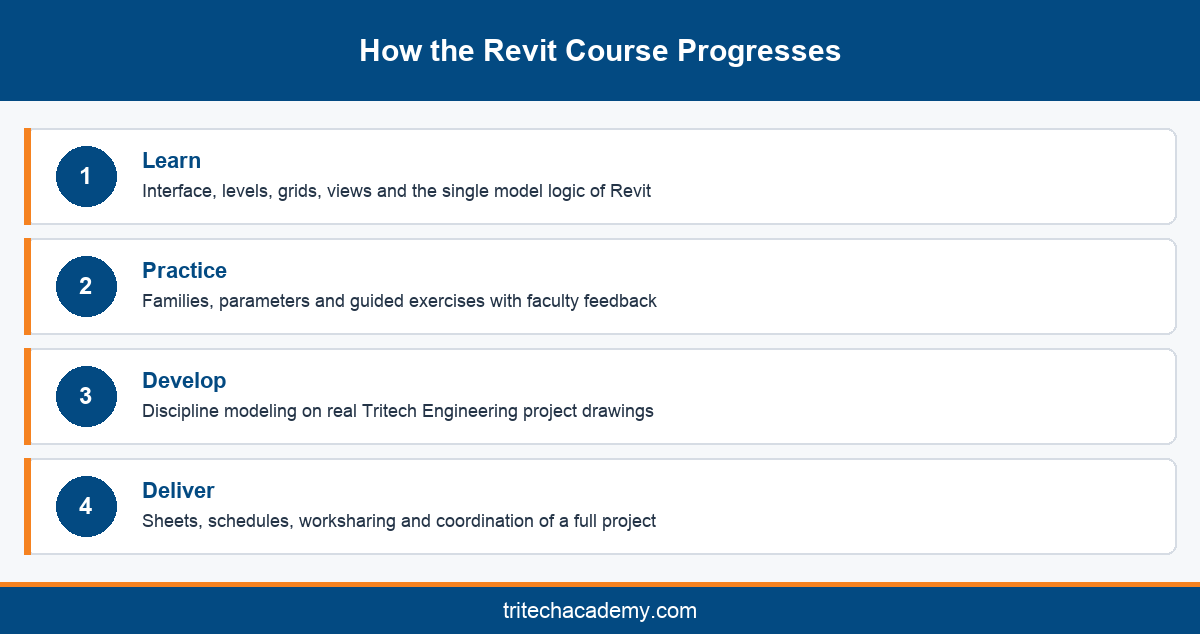 Revit course learning path at Tritech Academy from Learn and Practice to Develop and Deliver