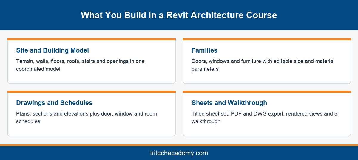 Four deliverables from a Revit architecture course: building model, families, drawings and schedules, sheets and walkthrough