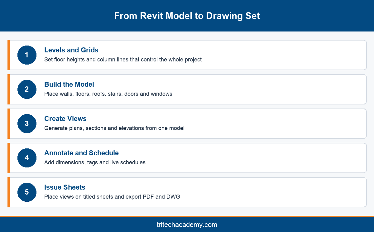 Five step Revit architecture workflow from levels and grids to an issued drawing set