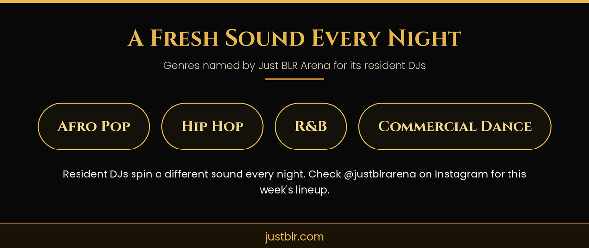 Infographic of the genres played by resident DJs at Just BLR Arena: Afro pop, hip hop, R&B and commercial dance